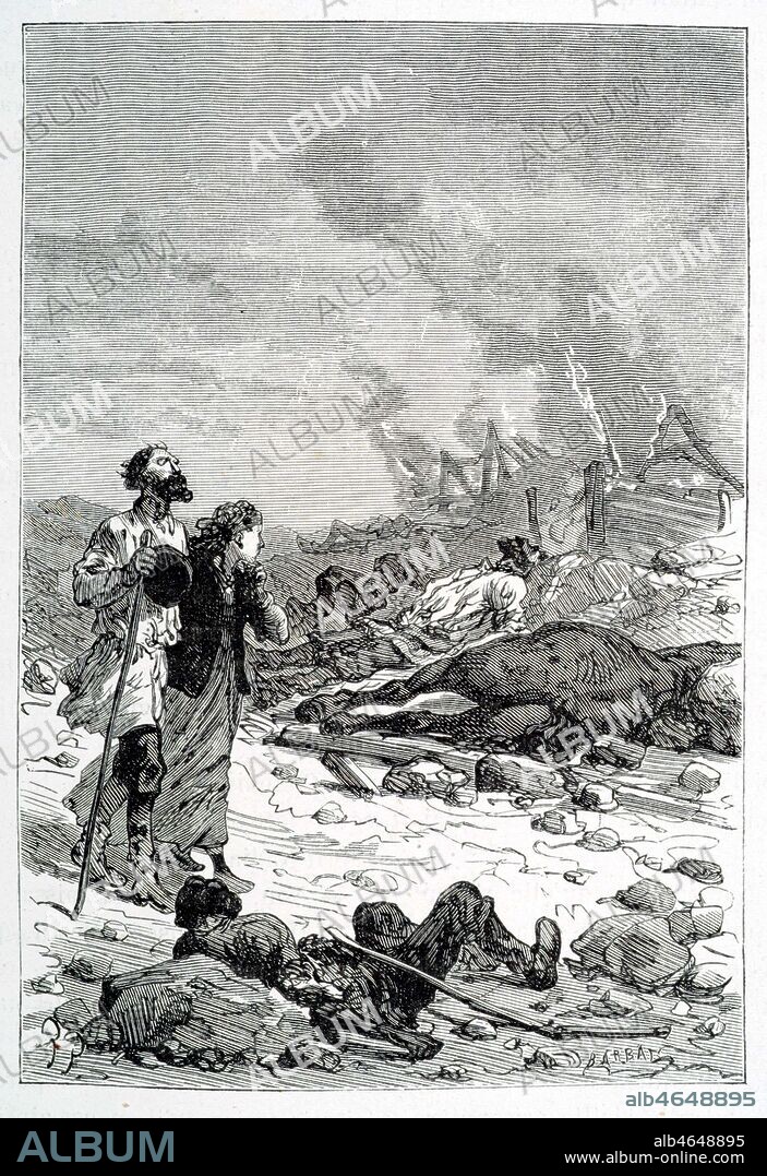 MICHEL STROGOFF : Nadia et Michel Strogoff aveugle traversent la steppe vers Irkousk. Gravure de Jules FERAT, pour la premiere parution de cette oeuvre dans le Magasin d'Education et de Recreation Edition Hetzel en 1876. Credit Collection Jonas/ Kharbine Tapabor.