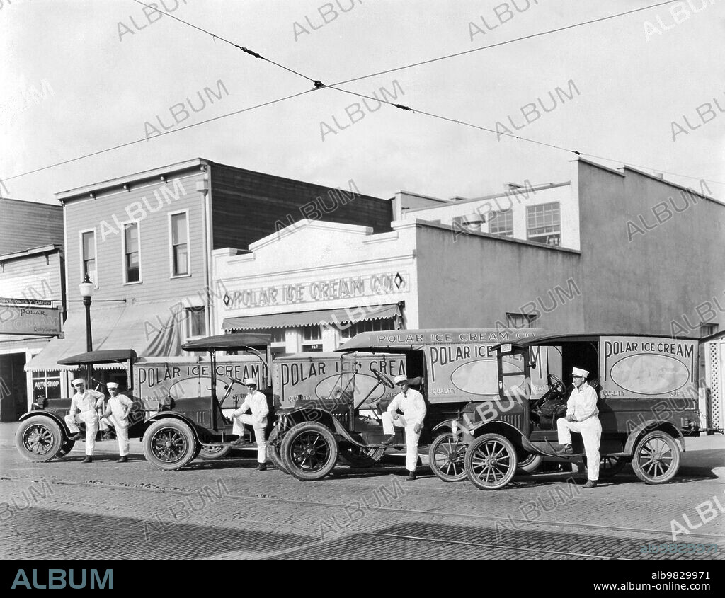 Austin, Texas circa 1914, The exterior of the Polar Ice Cream Company along with its drivers and delivery trucks.