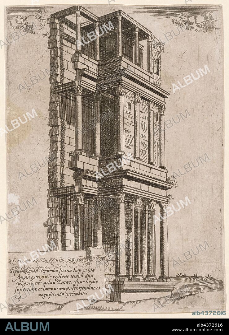 Septi [?] Onij, quod Septimius senerus Imp. [...] (The Septizonium), etching with copperplate, plate: 21.9 x 15.3 cm, U. l., denoted: Septi [?] onij, quod Septimius senerus Imp. [...], 24, Giovanni Antonio Dosio, Entwerfer, Florenz (San Gimigniano?) 1533 – nach 1609 Rom, Giovanni Battista de Cavalieri, Stecher, Villa Lagarina/Trento um 1525–1601 Rom.
