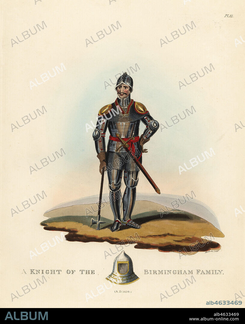 A knight of the Birmingham family, 1420. He wears a bassinet, suit of plate armour with flexible cuirass, genouillieres, shoulder and elbow plates,and carries a battle axe. Helmet of Sir John de Wydevill at bottom. Handcoloured lithograph by Maddocks after an illustration by S.R. Meyrick from Sir Samuel Rush Meyrick's A Critical Inquiry into Antient Armour, John Dowding, London, 1842.