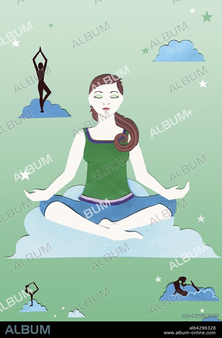 Woman meditating sitting in lotus position on cloud.