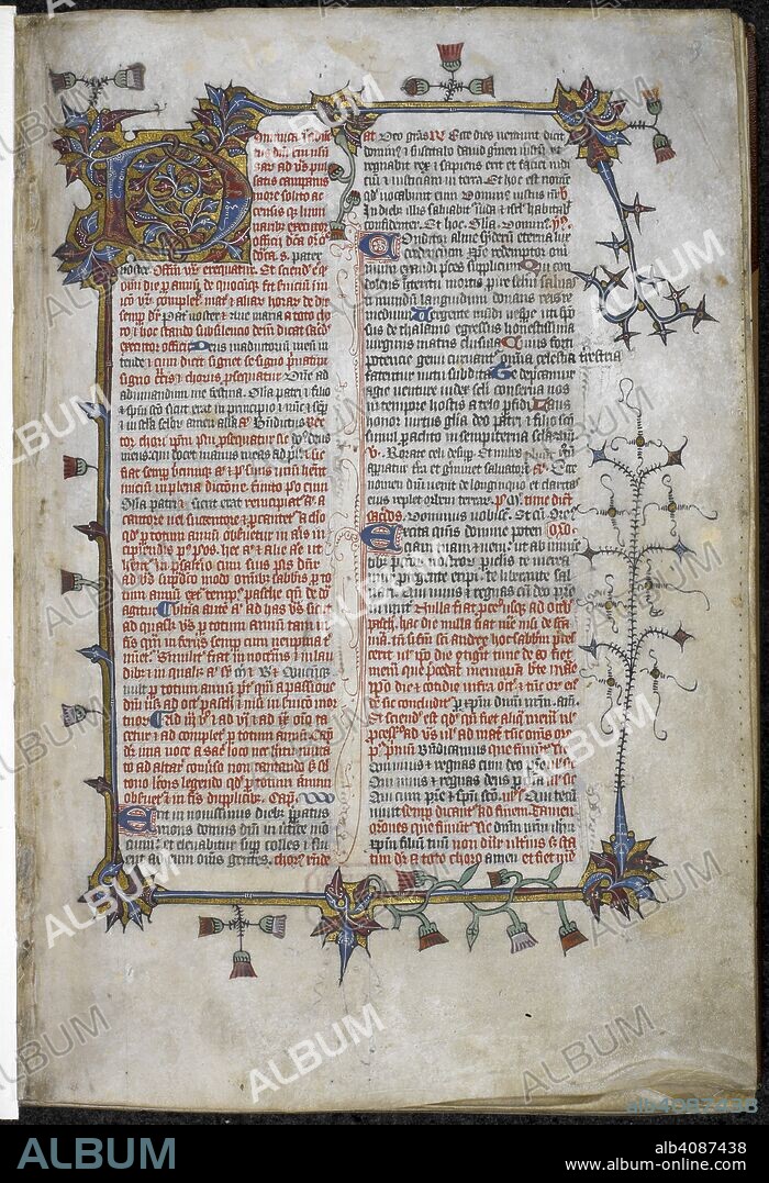 Initial 'D'(ominica) and three-sided bar border with foliate and spray decoration, including daisies, at the beginning of the text. Breviary, Use of Sarum. England; last quarter of the 14th or 1st quarter of the 15th century. Source: Harley 1512, f.3. Language: Latin.