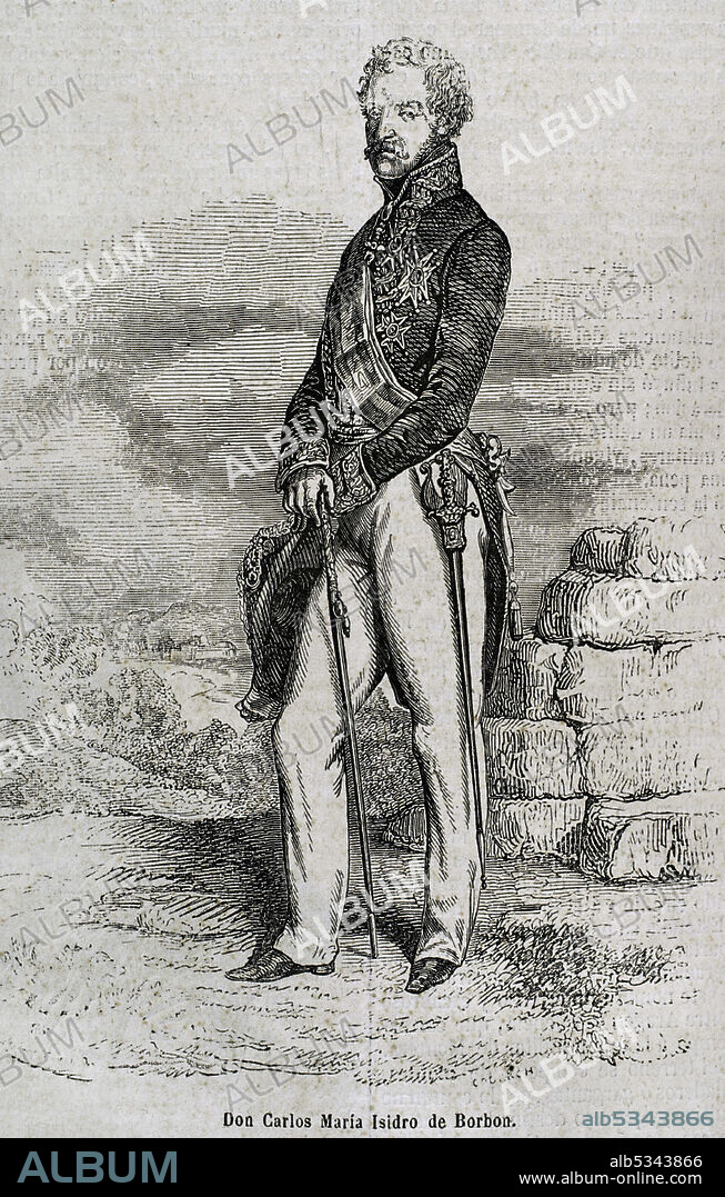 Carlos María Isidro de Borbón, también conocido como Don Carlos (1788-1855). Infante de España y el primer pretendiente carlista al trono bajo el nombre de Carlos V, por ser el hermano de Fernando VII. Retrato. Grabado. Historia General de España por el Padre Mariana. Madrid, 1853.
