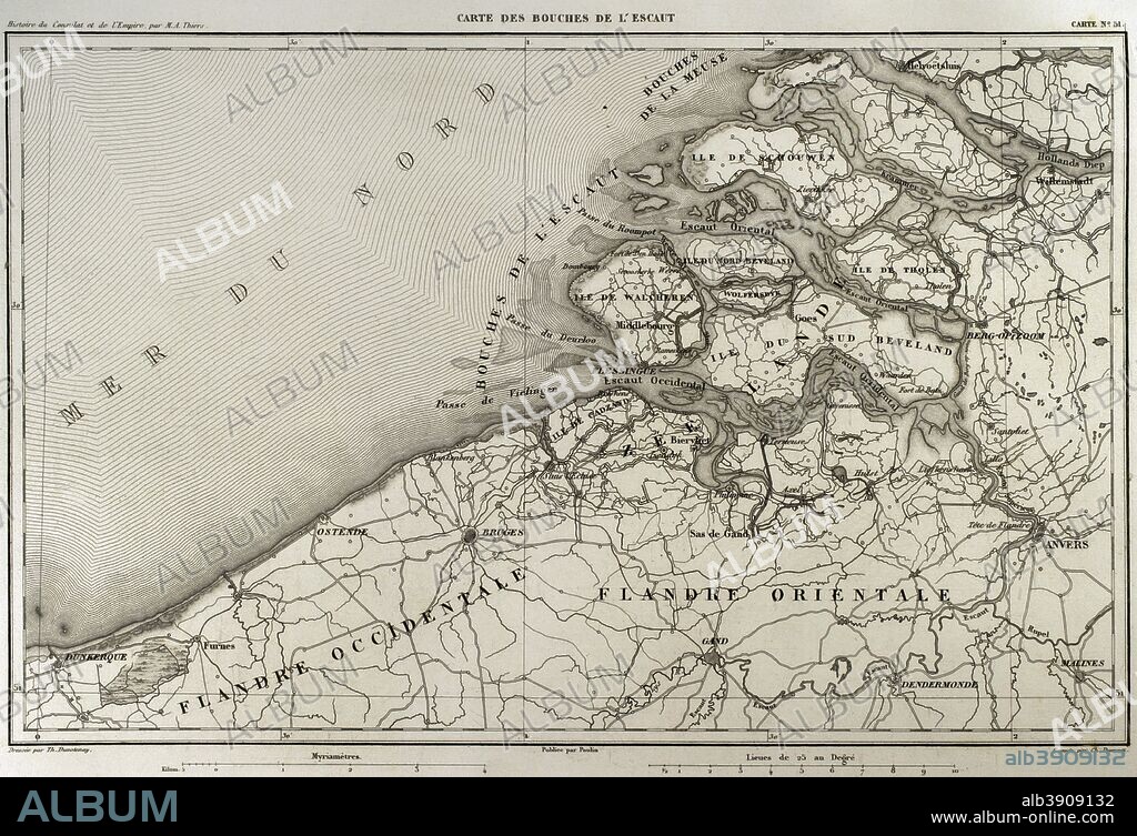 Mapa de la desembocadura del río Escalda. Río europeo que nace en Francia, atraviesa Bélgica y desemboca en el Mar del Norte (Paises Bajos) formando un estuario. Historia del Consulado y del Imperio de Napoleón (Atlas de l'Histoire du Consulat et de l'Empire). Obra de Marie Joseph Louis Adolphe Thiers (1797-1877). Dibujos realizados por Dufour y grabados por Dyonnet. Editado en París, 1864. Biblioteca Histórico Militar de Barcelona. Cataluña, España.