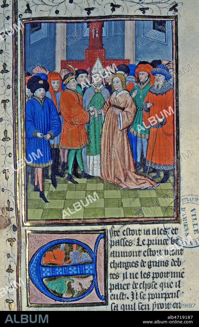 BOHEMOND de Tarente (1054-1111) epouse Constance de France, fille de Philippe 1er, en 1103 (12e, 12eme, XIIe s.). Enluminure tiree de l'ouvrage de Guillaume de TYR (1130-1185) 'Histoire d'outre-mer', datant du 15eme s. Manuscrit medieval conserve a la bibliotheque municipale d'Amiens. Ms 483 f°78. Credit : Collection JEAN VIGNE/ KHARBINE-TAPABOR.