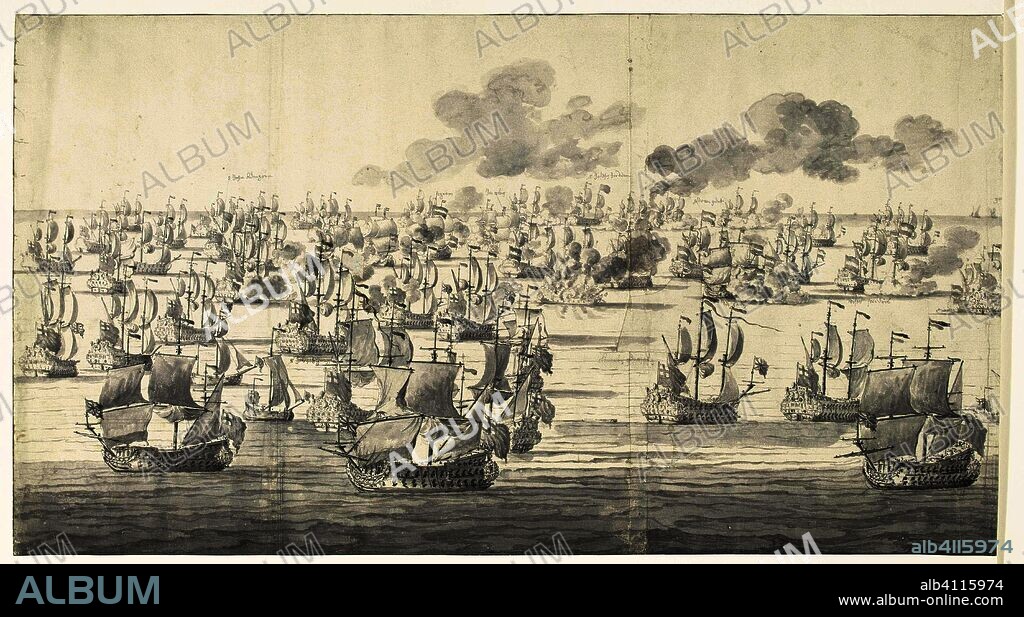 The Battle of Solebay, June 7, 1672, just after two o'clock in the afternoon, seen from the northwest: left part. Draughtsman: Willem van de Velde (I). Dating: 1673. Place: Northern Netherlands. Measurements: h 355 mm × w 649 mm.