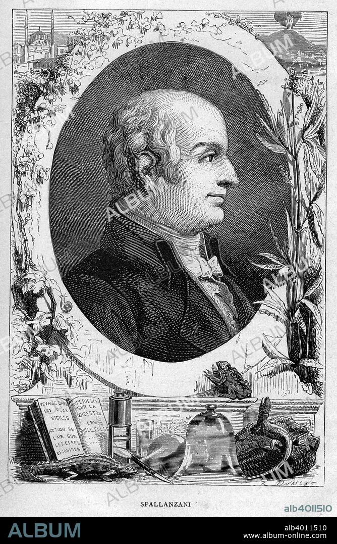 Lazzaro Spallanzani, Italian biologist, 1874. Spallanzani (1729-1799) worked on bacteria, disproving spontaneous generation, on digestion, where he was first to use the term gastric juice, and on respiration, where he proved that tissues use oxygen and produce carbon dioxide. He was a pioneer of Vulcanology. From Vies Des Savants: Illustres du XVIIIe Siecle by Louis Figuier. (Paris, 1874).
