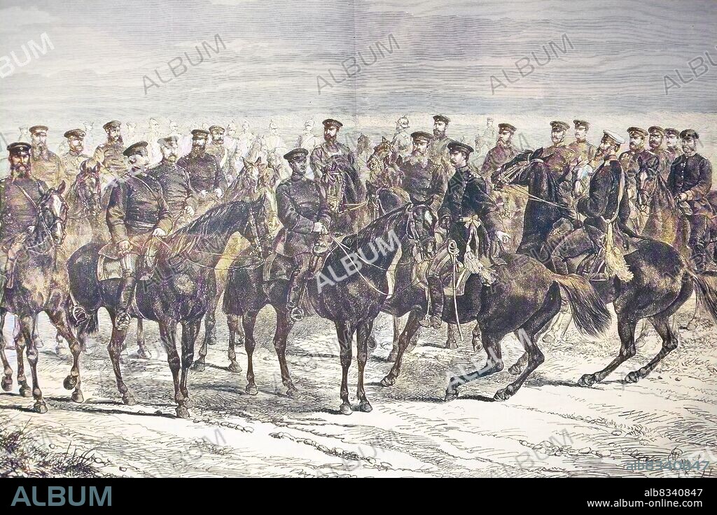 General von Werder and his staff in the Battle of Lisaine, near Belfort, France, January 1871 in the German-French War. The Battle of the Lisaine, also known as the Battle of Hericourt was fought from 15 January to 17 January 1871 between German and French forces / General von Werder und sein Stab in der Schlacht an der Lisaine, bei Belfort, Frankreich, Januar 1871 im Deutsch-Franzsischen Krieg. Die Schlacht an der Lisaine, auch bekannt als Schlacht von Hericourt, wurde vom 15. Januar bis 17. Januar 1871 zwischen deutschen und franzsischen Truppen ausgetragen, historical, digital improved reproduction of an original from the 19th century / digitale Reproduktion einer Originalvorlage aus dem 19. Jahrhundert, Originaldatum nicht bekannt, Kolorierung, koloriert, handkoloriert, Hand-colouring, hand coloured, colored.