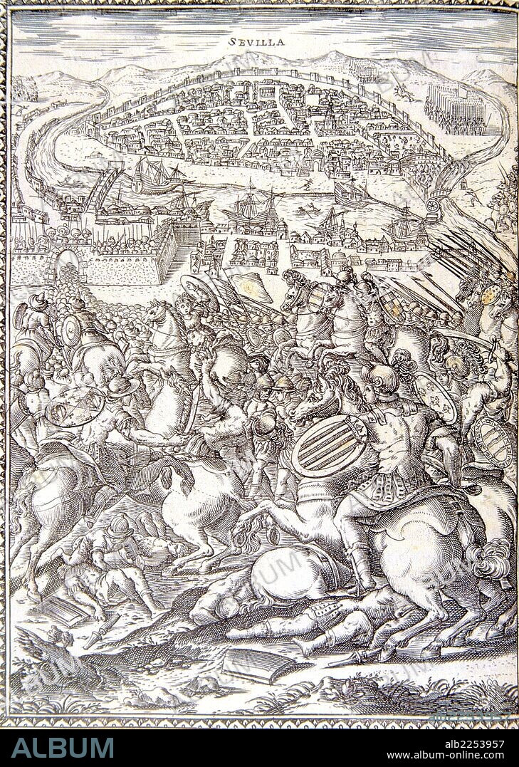FERNANDO III "EL SANTO". REY DE CASTILLA Y LEON AÑOS 1217-1252. NACE EN VALPARAISO(ZAMORA) EN EL AÑO 1201 Y MUERE EN SEVILLA EN EL AÑO 1252. "SITIO CIUDAD DE SEVILLA, AÑO 1632". GRABADO DEL LIBRO DE J. ANTONIO DE VERA "SEVILLA RESTAURADA", MILAN 1632. BIBLIOTECA NACIONAL. MADRID. EDICION FASCIMIL.