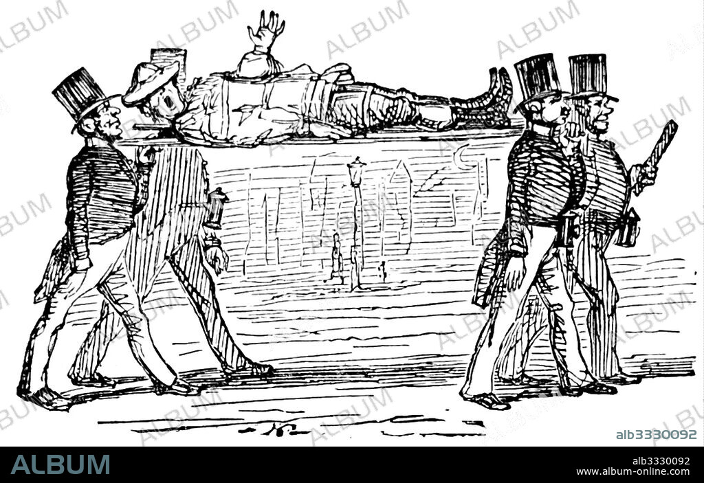 Cartoon depicting a wounded soldier being carried on a stretcher by men in top hats. Dated 19th Century.