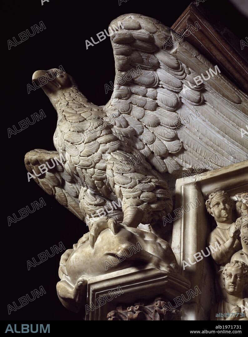Pulpit of the Baptistery of St John, 1255-1260, by Nicola Pisano (born between 1220 and 1225-died between 1278 and 1287), Baptistery of St John, Cathedral Square or Square of Miracles (UNESCO World Heritage List, 1987), Pisa, Tuscany. Detail. Italy, 13th century.