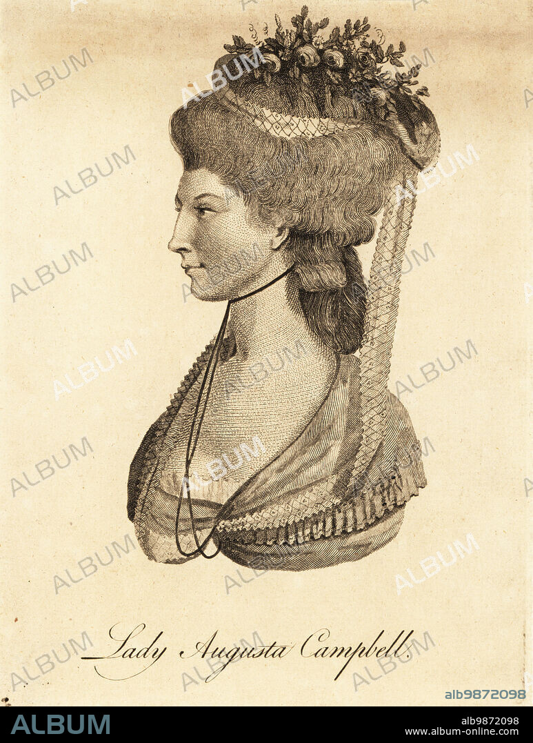 Lady Augusta Campbell (1760 - 1831), daughter of John Campbell , 5th Duke of Argyll, wife of notorious gambler Colonel Henry Mordaunt Clavering. With ribbon and garland of flowers in her hair, choker necklace, fichu and shawl. Copperplate engraving by unknown artist published for the London Magazine, June 1782.