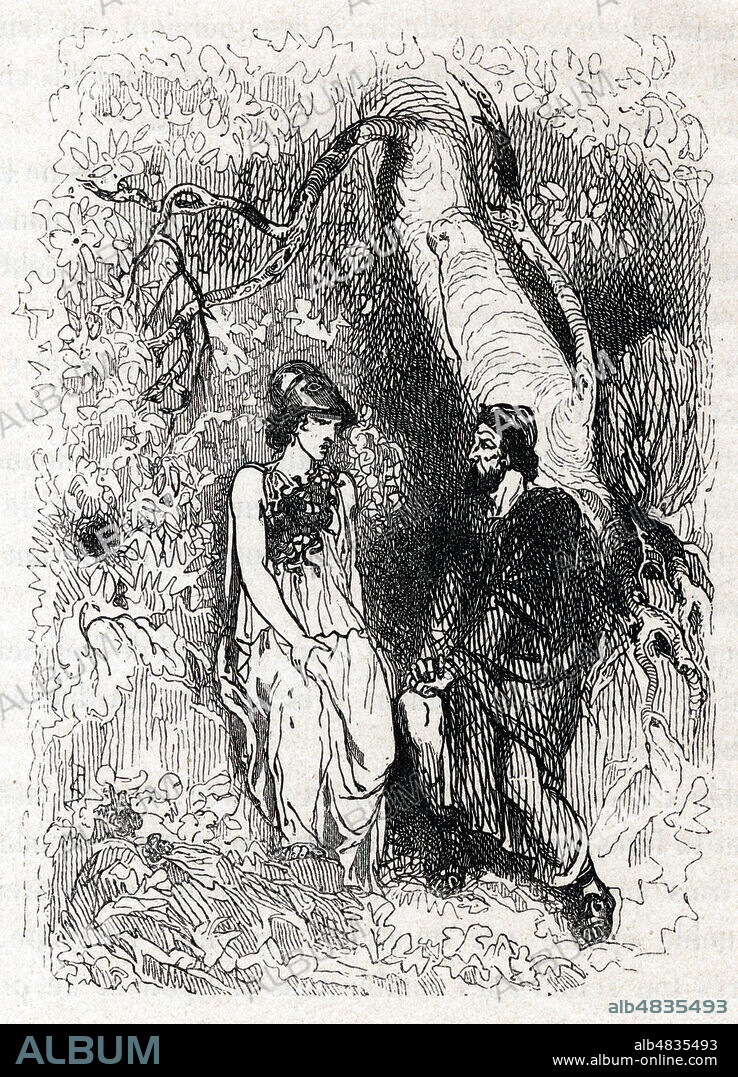Minerve et Ulysse au pied de l'olivier sacre devisent a propose des pretendants de Penelope (Livre XIII). Illustration de 1842 par Theodore DEVILLY (1818-1886) pour L'Odyssee de HOMERE traduit par Eugene BARESTE (1814-1861). Credit : Collection Jonas/Kharbine-Tapabor.