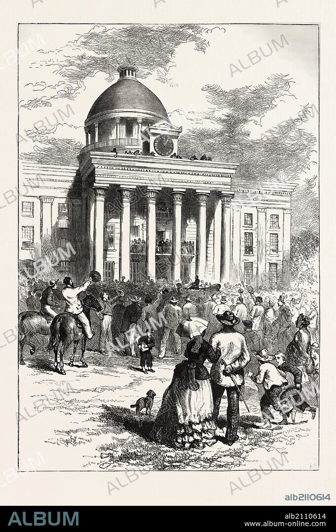 INAUGURATION OF JEFFERSON DAVIS, UNITED STATES OF AMERICA. Jefferson Davis was an American statesman and leader of the Confederacy during the American Civil War, serving as President of the Confederate States of America for its entire history, from 1861 to 1865, US, USA, 1870s engraving.