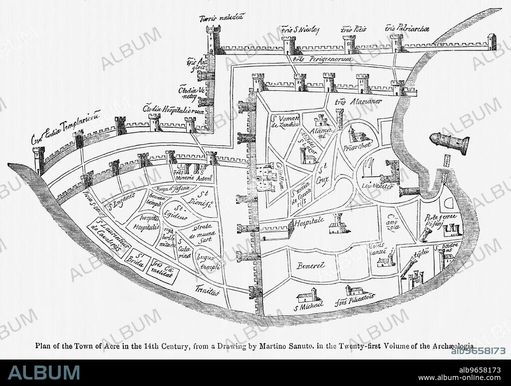 Plan of the Town of Acre in the 14th Century, from a Drawing by Martino Santo in the Twenty-Twenty-First Volume of the Archaeologia, Illustration from John Cassell's Illustrated History of England, Vol. I from the earliest period to the reign of Edward the Fourth, Cassell, Petter and Galpin, 1857.