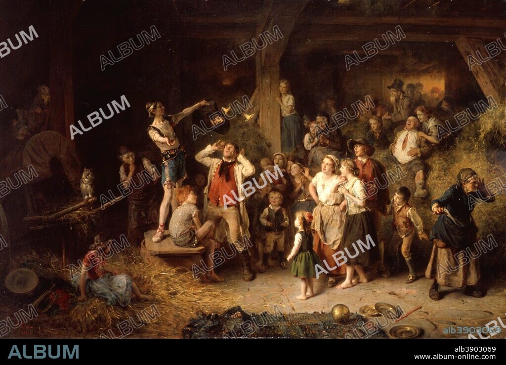 LUDWIG KNAUS. Der Taschenspieler in der Scheune / The magician in the barn. Date/Period: 1862. Painting. Oil on panel. Height: 112 cm (44 in); Width: 166 cm (65.3 in).