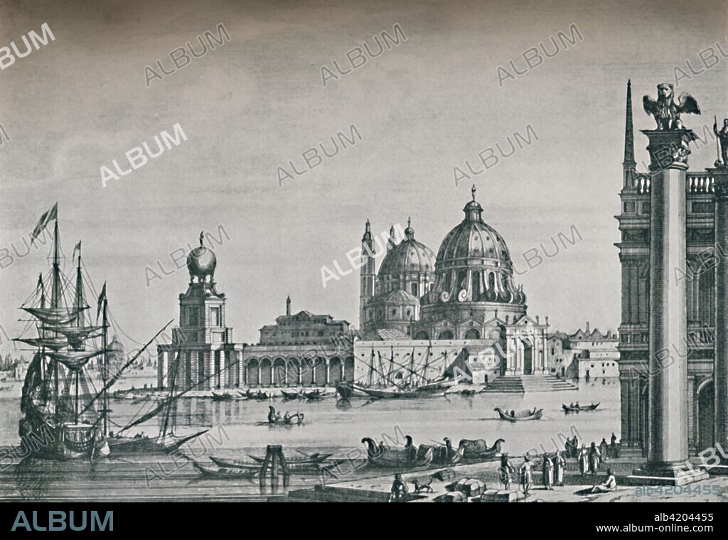 'View of the Dogana, 1702', (1925). 18th century view of the Punta della Dogana, old customs building in Venice, Italy. On the right is the pillar with a winged lion, symbol of the city. From Venice - Past and Present, text by Selwyn Brinton, M.A., edited by Geoffrey Holme. [The Studio Ltd., London, 1925].