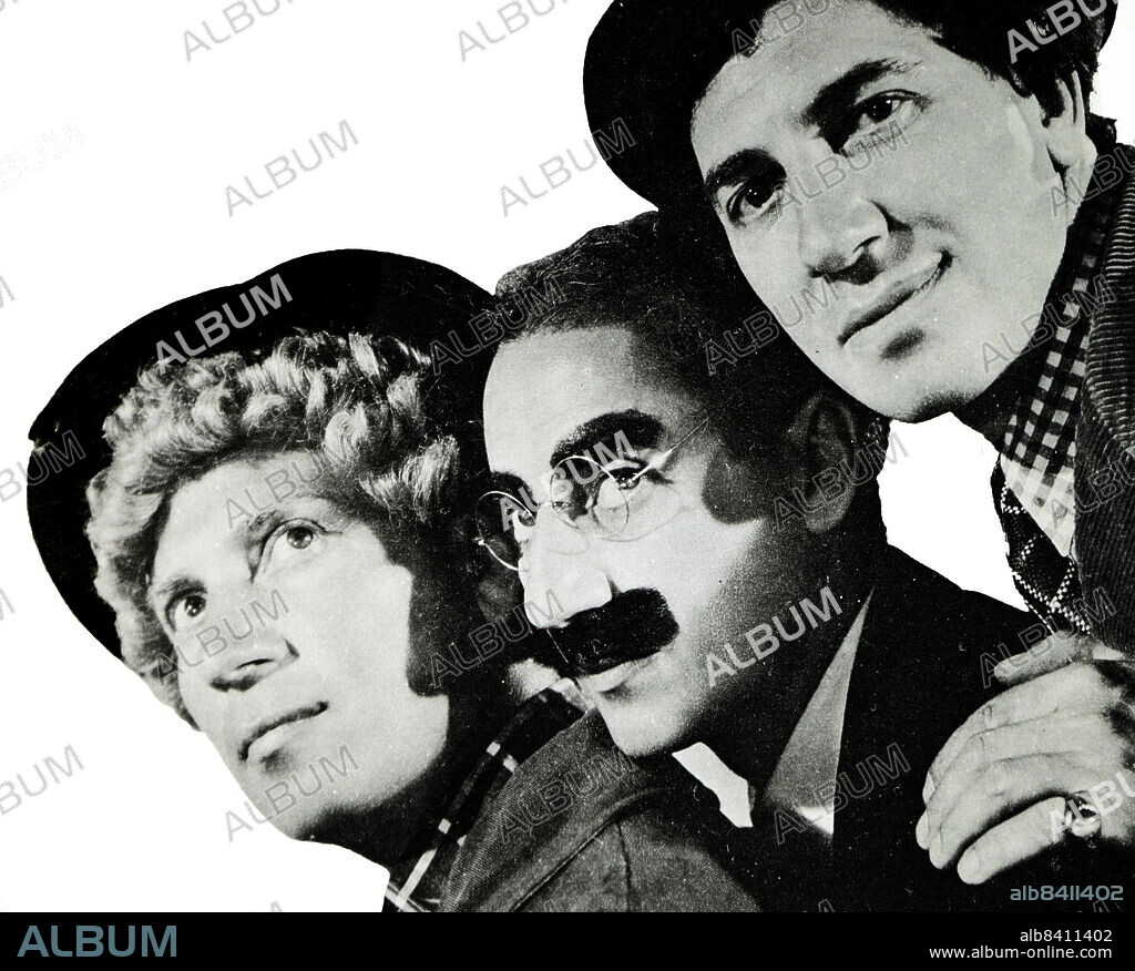 The three famous Marx Brothers were an American family comedy act that was successful in vaudeville, on Broadway, and in motion pictures from 1905 to 1949. The brothers are almost universally known by their stage names and are pictured left to right: Harpo, Groucho, and Chico.