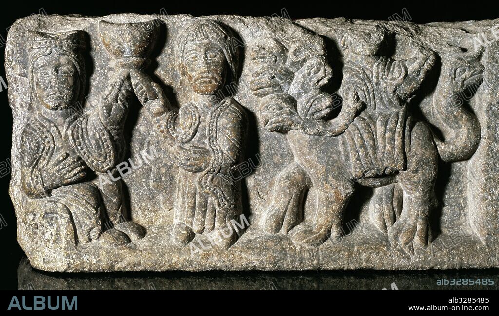 Relief. Impost block of the Apocalypse. Calcareous stone. Iconography inspired by the Beatus of Girona Codex. From Cathedral of Girona. Late 12th century. Museum of Cathedral of Girona, Catalonia, Spain.