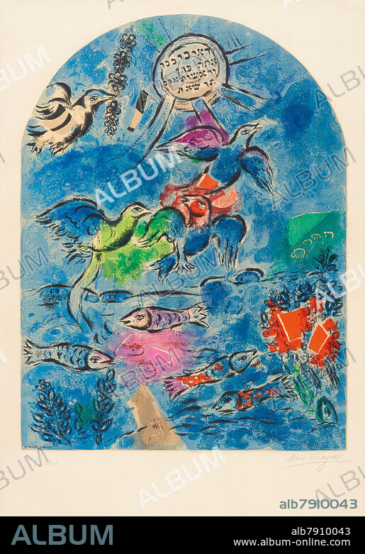MARC CHAGALL. Chagall, Marc<br />1887 Witebsk - 1985 St. Paul de Vence<br />nach<br /><br />Der Stamm Ruben. Aus: ""Zwölf Entwürfe für die Glasfenster von Jerusalem"". 1964. <br />. Farblithografie auf ARCHES (Wasserzeichen). 62 x 46,2cm (74,5 x 52,7cm). Signiert und nummeriert sowie im Stein signiert und bezeichnet ""CH. SORLIER GRAV. LITH."". Fernand Mourlot, Paris (Hrsg.). Ex. LI/LXXV. - Blatt recto und verso leicht gebräunt. Farben partiell leicht verblasst. Vereinzelte kleine Bräunungsflecken im unteren Randbereich. Verso Reste alter Montierung. <br /><br />WVZ. Sorlier, WVZ.-Nr. CS 12. Verso Stempel mit Angaben zur Lithographie. Blatt 1 aus der zwölfteiligen Serie<br />Literatur:<br />WVZ. Sorlier. <br />. Kunsthandel, Van Ham.
