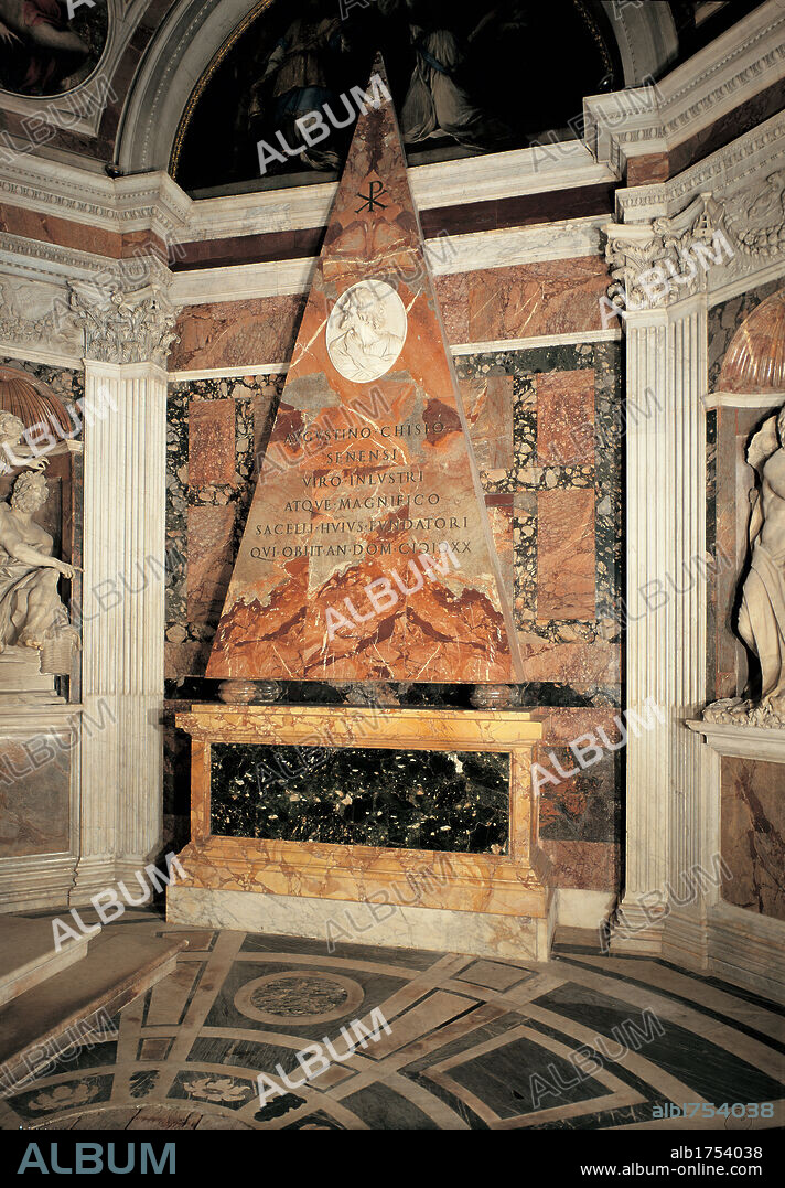 Chigi Chapel in Santa Maria del Popolo in Rome, by Bernini Gian Lorenzo, Sanzio Raffaello, 1512-1520, 16th Century, polychrome marble. Italy; Lazio; Rome; Santa Maria del Popolo Church; . Detail. Marble monument to Agostino Chigi inside the chapel.
