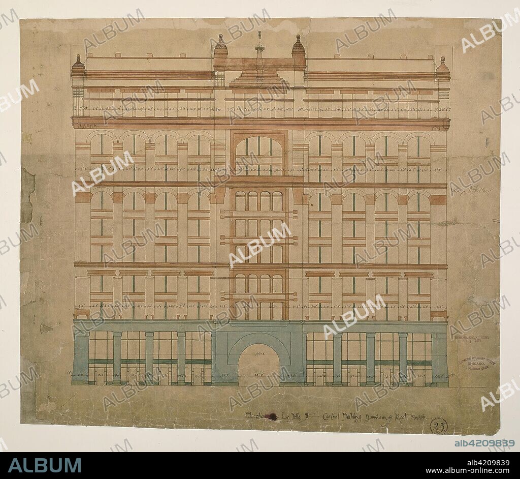 BURNHAM AND ROOT. Rookery Building, Chicago, Illinois, LaSalle Street Elevation. Burnham & Root; American, 1873-1891. Date: 1886. Dimensions: 62.9 × 73 cm (24 3/4 × 28 3/4 in.). Multicolored hectograph print on heavy paper. Origin: LaSalle Street, 209 South.