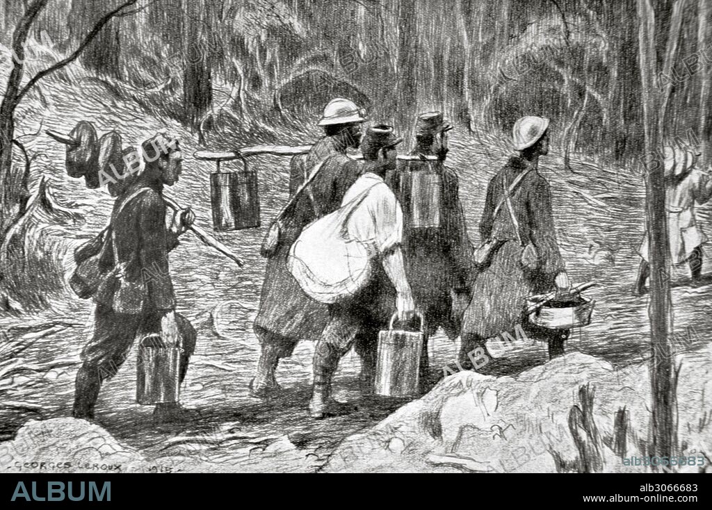PRIMERA GUERRA MUNDIAL (1914-1918). Cocineros transportando la sopa a las trincheras. Dibujo de Georges Leroux. "L'Illustration", 6 de noviembre de 1915.