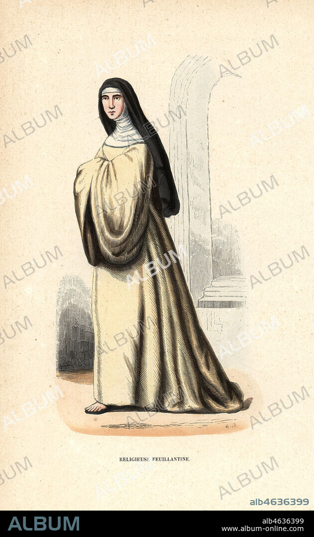 Nun of the order of Feuillantines, Congregation of Our Lady of the Feuillants, Cistercian, Religieuse Feuillantine. Handcoloured woodblock engraving after an illustration by Jacques Charles Bar from Abbot Tirons Histoire et Costumes des Ordres Religieux, Librairie Historique-Artistique, Brussels, 1845.