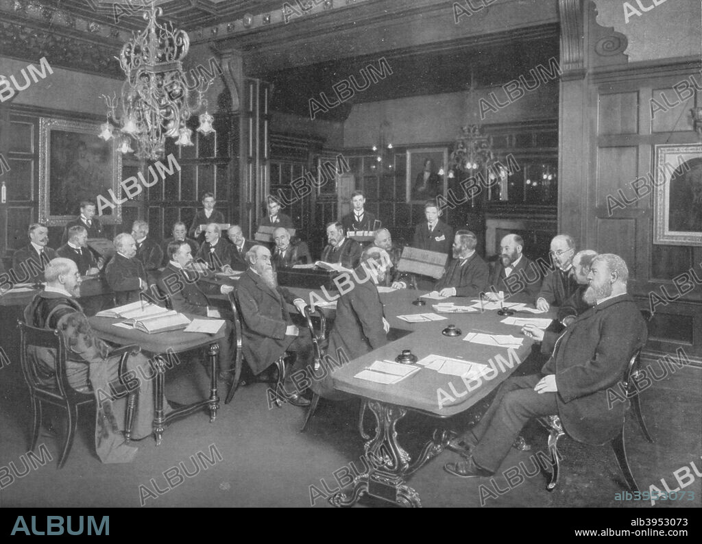 Court of the Cutlers' Company: examining the work of their apprentices, London, 1902 (1903). The Worshipful Company of Cutlers is the guild for the trade of knife making and repairing. The Cutlers' Company arms have been in use since 1476. Its current Elephant and Castle crest was granted in 1622. The elephant and castle crest gave rise to a pub of the same name on the site of an old cutlers' inn at Newington, London. This inn in turn gave its name to the area of London known as Elephant and Castle. From Living London, Vol. II, by George R. Sims. [Cassell and Company, Limited, London, Paris, New York & Melbourne, 1903].