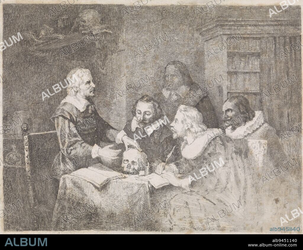 Anatomy lesson, David van der Kellen (1827-1895), 1837 - 1886, In a study, a scholar teaches anatomy to his pupils. The teacher stands in front of the table, at which his four students are seated, and explains something about the skull he is holding under his left hand. One of the students is making notes with a quill. Both the teacher and the pupils are dressed in seventeenth-century clothes. In the background is a bookcase and on the shelf on the wall are, among other things, a skull and a bottle., print maker: David van der Kellen (1827-1895), 1837 - 1886, paper, etching, drypoint, h 189 mm × w 224 mm.