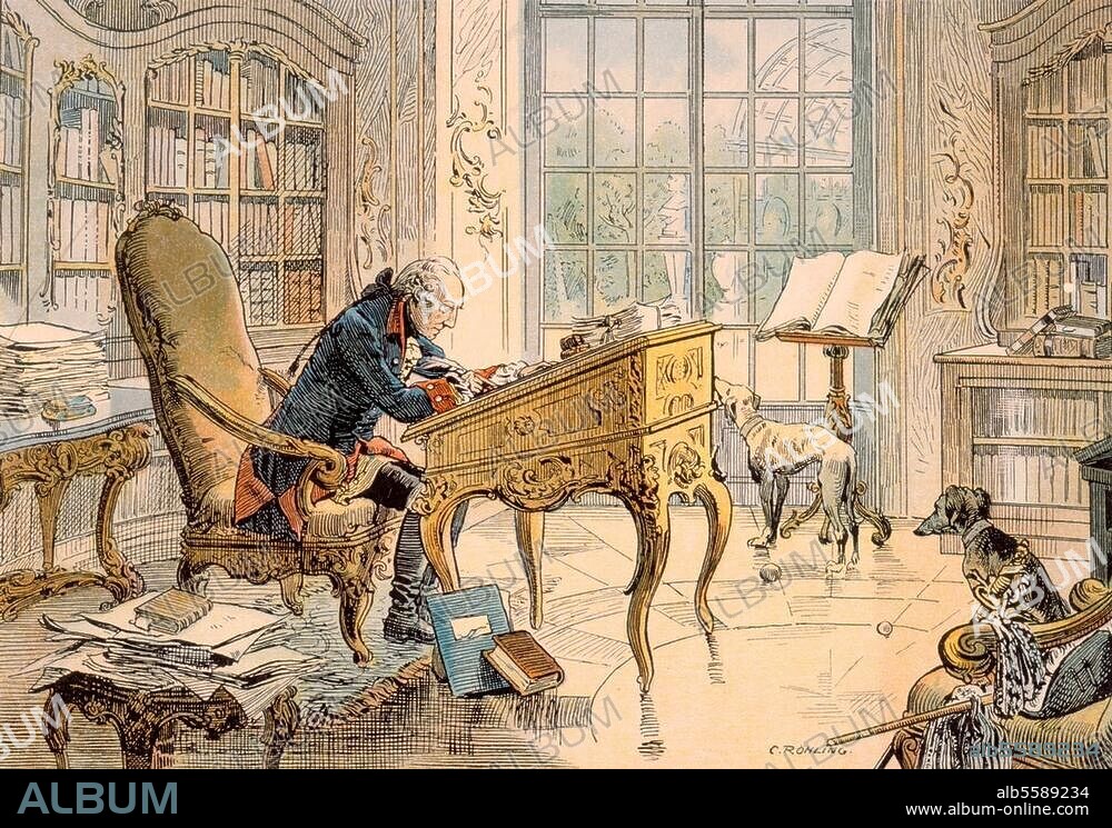 Frédéric II (le Grand), roi de Prusse. (1740-86); 1712-1786. "Frédéric le Grand dans son bureau à Sanssouci". Gravure en coul. de Carl Röchling, 1890.