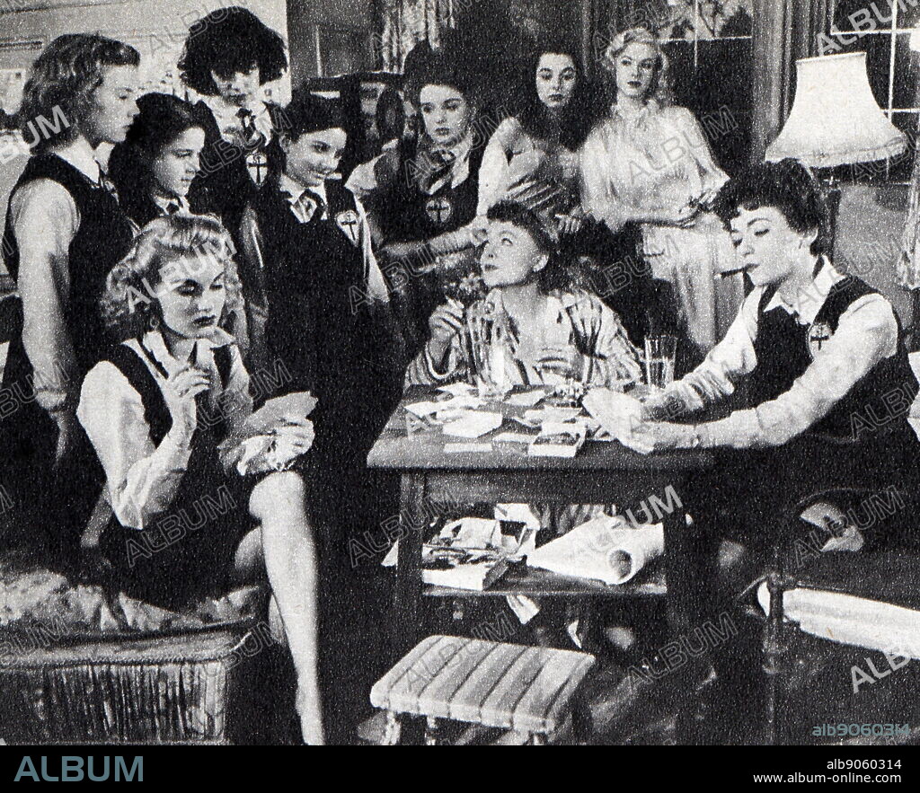 Film still from 'The Belles of St. Trinian's' starring Alastair Sim, George Cole, Joyce Grenfell, and Hermione Baddeley.