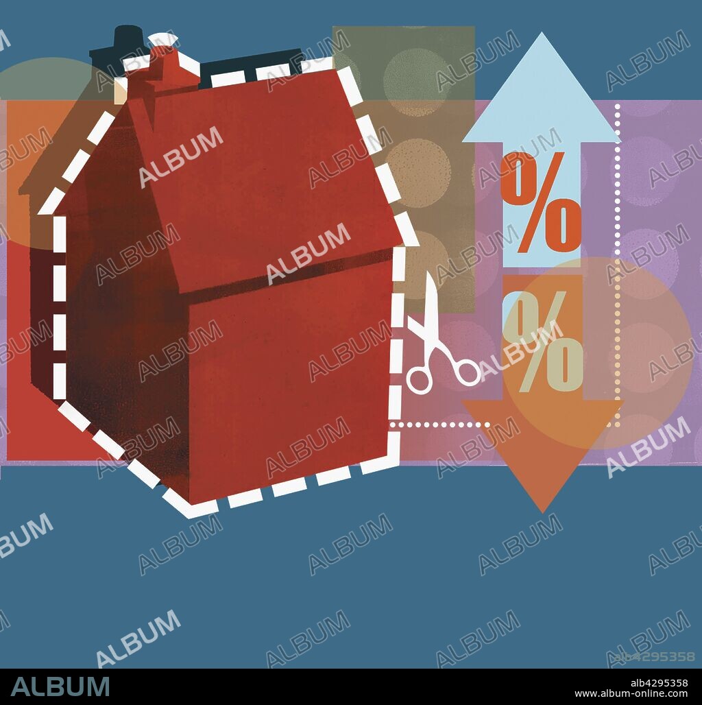 Scissors cutting out house with percent arrows point up and down.