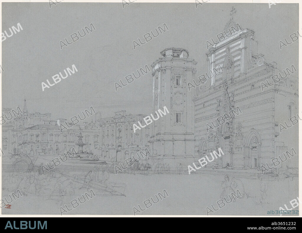 Piazza del Duomo, Messina, Sicily. Artist: William Leighton Leitch (British, Glasgow, Scotland 1804-1883 London). Dimensions: Sheet: 10 1/16 × 14 1/16 in. (25.5 × 35.7 cm). Date: 1835-36.
Leitch drew Messina's main square when he visited the city in 1835-36 during a four-year sojourn in Italy. The distinctive banded façade of the city's Norman cathedral, and its truncated bell-tower, would both be destroyed in an earthquake of 1908, and later rebuilt. At center, we are shown the fountain of Orion (1553), with Italian pilgrims kneeling in the foreground. After Leitch returned to London in 1837, he became active in the Royal Institute of Painters in Watercolours, and served as drawing master to Queen Victoria and the royal children.
