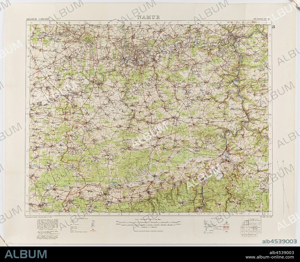 Map - Military, Belgium, Namur 8, General Staff no. 2364, Scale 1:100,000, World War I, 1910, Military map of Belgium, Namur area (a hand-written inscription identifies it as Namur 8 district), scale 1:100,000, published in 1910. The map is labelled General Staff No. 2364. It would have been used during World War I. Maps of this scale lacked the detail needed for trench warfare, instead providing an overview of regions for the use of senior commanders. Part of the collection of World.