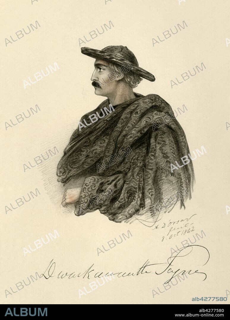 ALFRED D'ORSAY. 'Dwarkanath Tagore', 1842. Portrait of Indian industrialist Dwarkanath Tagore (1794-1846) who played a pioneering role in setting up commercial ventures in partnership with British traders. He was the first Indian bank director, and founded the first Anglo-Indian Managing Agency. From "Portraits by Count D'Orsay", an album assembled by Lady Georgiana Codrington. [1850s].