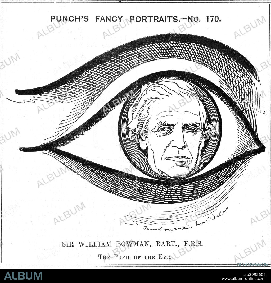 William Bowman, English anatomist, surgeon and ophthalmologist, 1884. Bowman (1816-1892) was born at Nantwich, Cheshire. After five years at Birmingham General Hospital, in 1837 he moved to Kings College Hospital, London. In the early 1840s he published papers on the structure and function of the kidneys. In 1846 he joined Moorfields Ophthalmic Hospital, London, and became an authority on the eye and the leading ophthalmic surgeon. Made a  Fellow of the Royal Society in 1841, Bowman was elected the first president of the Ophthalmological Society in 1880, and was created a Baron in 1884. Cartoon in the Fancy Portraits series from Punch. (London, 12 January 1884).