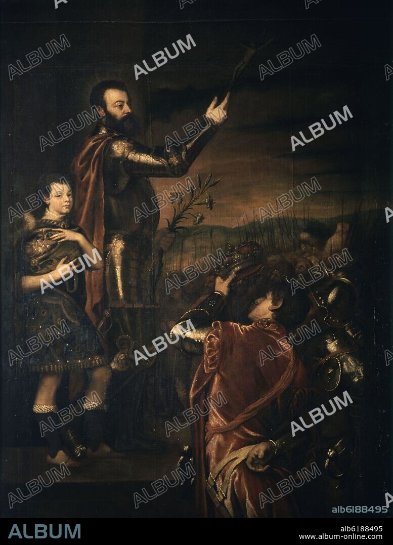 PABLO VERONES O PAOLO VERONESE (1528-1588). ALOCUCION DEL MARQUES DEL VASTO - COPIA DE LA OBRA DE TIZIANO - SIGLO XVI - 258x193 - RENACIMIENTO ITALIANO.