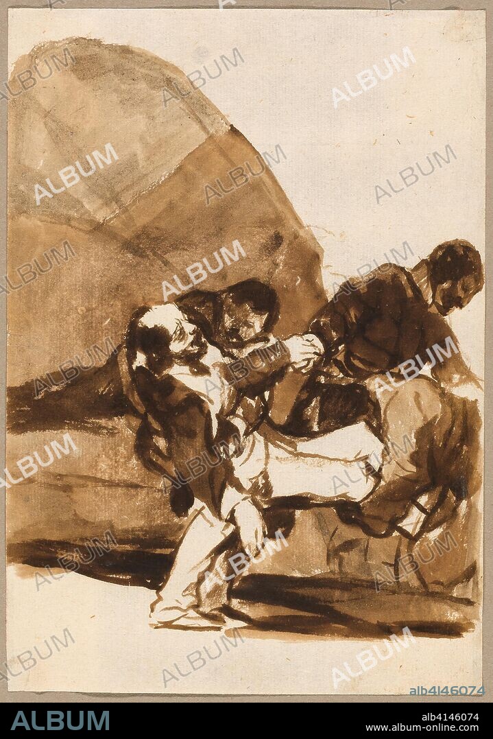 FRANCISCO DE GOYA. Three Men Carrying a Wounded Soldier, from the Images of Spain, Album F. Francisco José de Goya y Lucientes; Spanish, 1746-1828. Date: 1812-1820. Dimensions: 202 x 141 mm. Brush with brown ink and brown and gray wash over traces of black chalk, on cream laid paper. Origin: Spain.