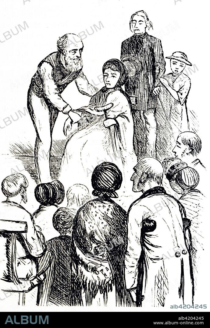 Engraving depicting the faith healer "Dr" James Rogers Newton treating people at a meeting in Nottingham. Dated 19th century.