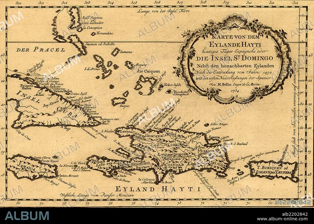 Karte von dem Eylande Hayti heutiges Tages Espagnola oder die Insel St. Domingo nebst den benachbarten Eylanden nach der Entdeckung vom Jahre 1492 und den ersten Niederlassungen der Spanier. Von M. Bellin, ingénr. de la marine. 1754.