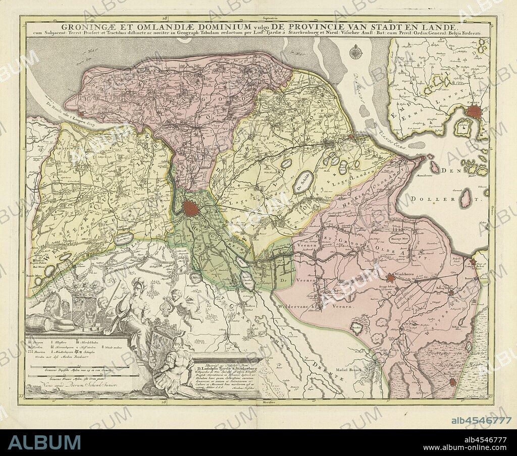 Map of the province of Groningen, Groningae et Omlandiae dominium vulgo the province of Stadt and Lande ... (title on object), Map of the province of Groningen on a scale of 1: 128 000. Bottom left a cartouche with the legend and two scale sticks: Common Duytsche mylen of 15 in one degree, Common France mylen or hours of go. Above it the coat of arms of Groningen, to the right of it the coat of arms of Ludolph Tjarda van Starkenburg under a putto with harp, flanked by a helmeted woman and man (possibly Minerva and Mars). Around the Groningen weapon cheeses, peat, a wooden barrel, a horse and two men. Grading along the edges, maps of separate countries or regions, Groningen (province), Andries Hogeboom (mentioned on object), c. 1684 and/or after 1719, paper, etching, h 470 mm × w 580 mm.