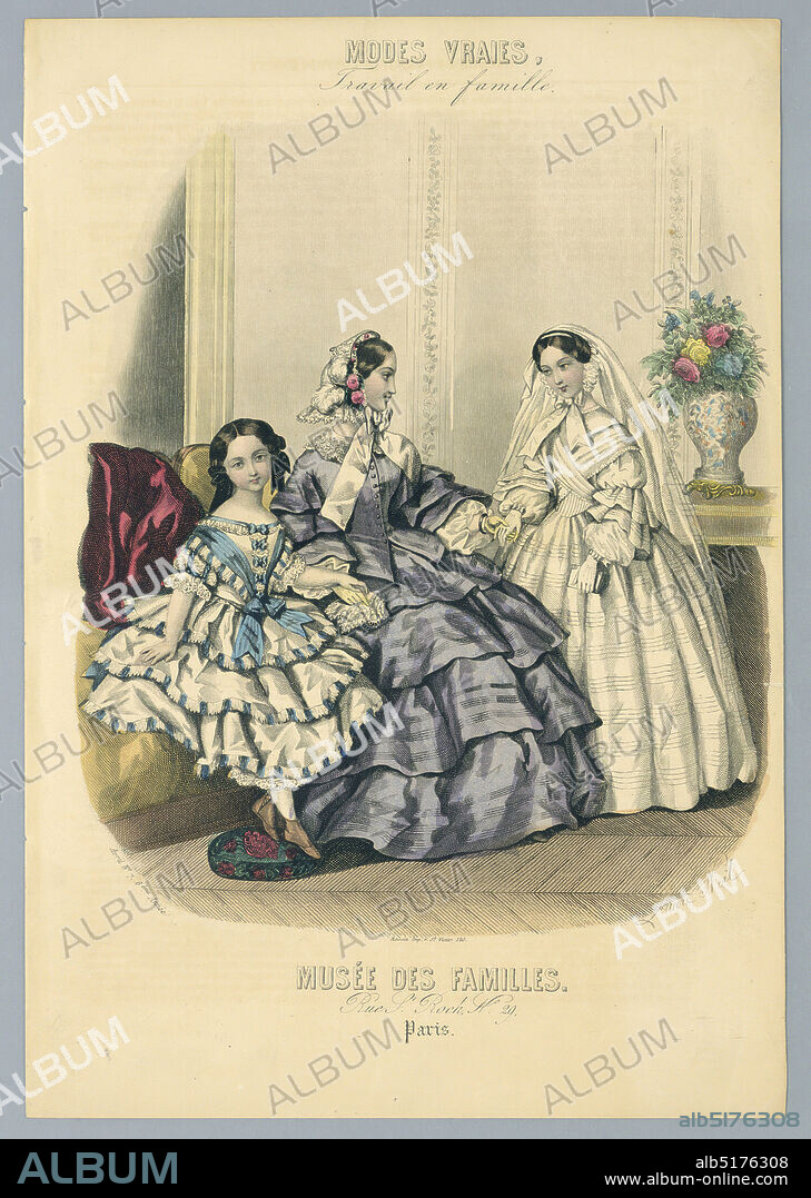 Fashion Plate, Modes Vraies, Laure Noël, French, 1827 - 1878, Musée des Familles, French, 1833 - 1900, Engraving, brush and watercolor on paper, Young girl in blue and white, and young woman in violet, both seated on a couch, left. Girl in white confirmation dress, right. Artists' and publishers' names below. Description on verso., Paris, France, 1856, Print, Print.