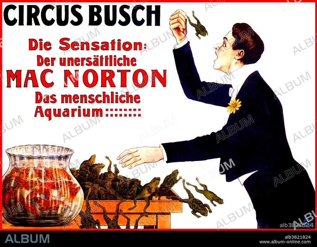 Mac Norton (born Claude Louis Delair, 1876 - 1953) was a French magician billed as "The Human Aquarium". As a child, he developed the ability to swallow and then regurgitate small quantities of water. As an adult, he saw that other magicians were making a good living as regurgitators, so he developed his own act, learning to swallow great quantities of water and bread, and even live animals. On one of his show posters, he proclaimed, "I say I am an extraordinary scientific phenomenon like the quadruped mammal with four stomachs (the cow). I drink a punch bowl of water containing 220 liters in 2 hours 30 minutes. 100 glasses of beer in 10 minutes. I eat 208 loaves of dry bread of 1 pound each in 48 hours. I swallow fishes, turtles, frogs, water snakes alive by the dozens. I keep them not more than 2 hours in my stomach, just as Jonah in the whale, then I return them alive, even more alive than ever in their respective aquariums." His tours took him all over Europe and South America, but he could not practice his trade in North America despite a contract with producer Willie Hammerstein, for a show in New York at Victoria Theater, because of the American Society for the Prevention of animal cruelty. No artist credited, undated.