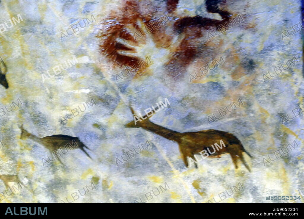 Replica painting from the Cave of Altamira (Cueva de Altamir) located near the historic town Santillana del Mar in Cantabria, Spain, is renowned for its numerous parietal cave paintings featuring charcoal drawings and polychrome paintings of contemporary local fauna and human hands, created between 18,500 and 14,000 years ago during the Upper Palaeolithic by Paleo human settlers. The earliest paintings in the cave were executed around 35,600 years ago.