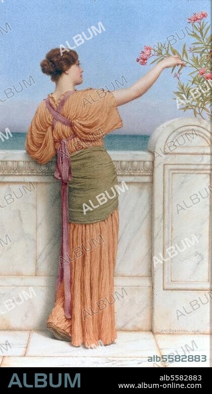 JOHN WILLIAM GODWARD. Godward, John William 1861-1922. "A Choice Blossom" (Die ausgewählte Blüte), 1918. (Antike Szene: Dame mit Oleanderzweig). Aquarell auf Papier, 25,5 × 15 cm. Kunsthandel London, Sotheby's, 11. November 1998, Lot 277.