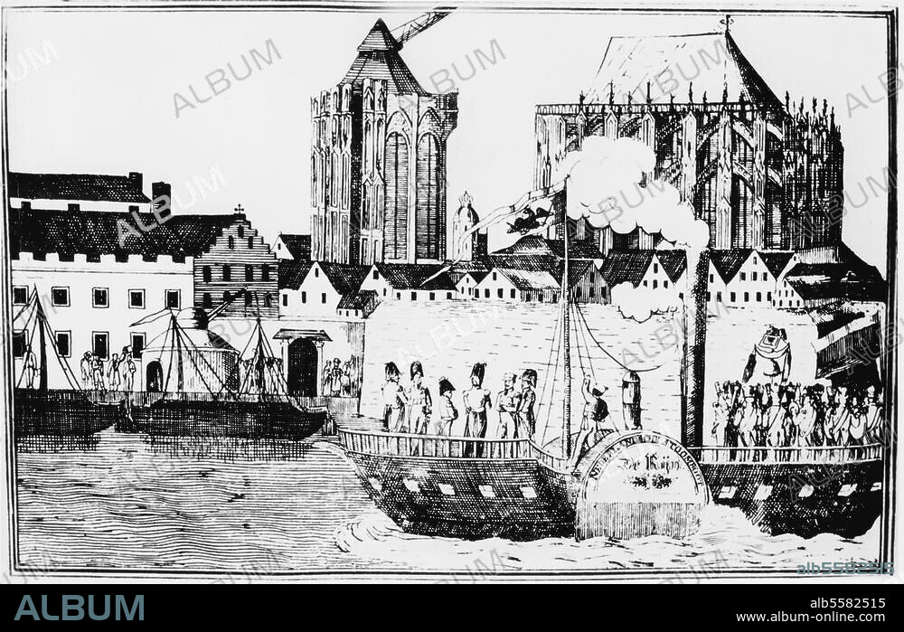 Friedrich Wilhelm III., König von Preußen (1797-1840); 1770-1840. Ankunft Friedrich Wilhelms III. auf dem Dampfer "De Rijn" in Köln am 14.9. 1825. (Im Hintergrund der unvollendete Dom). Nach einem Blatt von Johann Schlappels. Aus: Gerhard Moritz Roentgen, Leven En Bedrijf, S. 72.