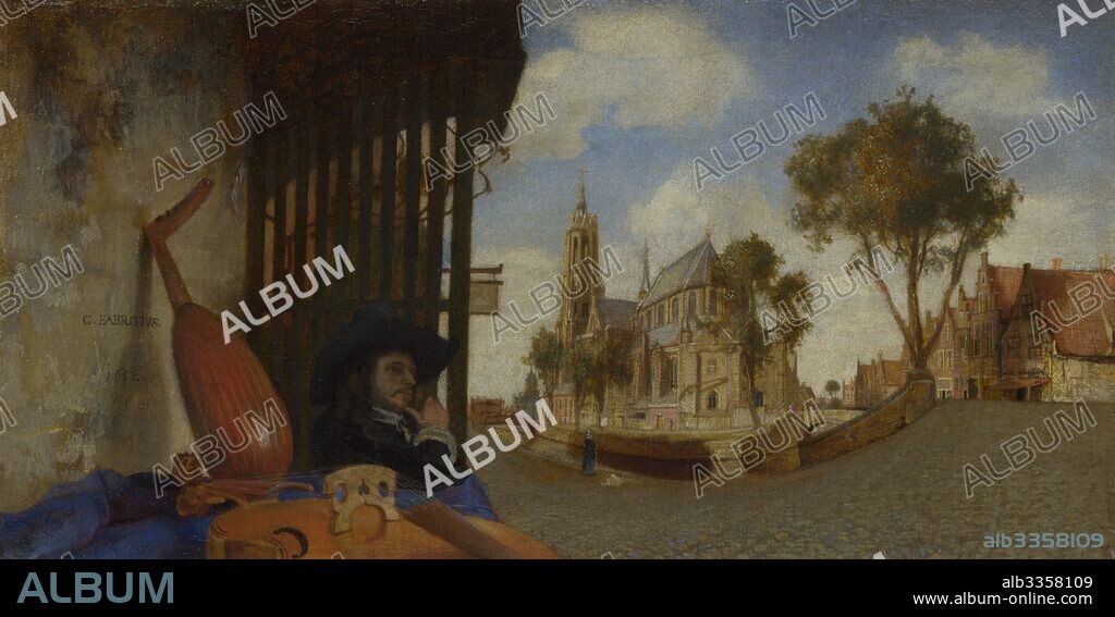 CAREL FABRITIUS. A View of Delft, with a Musical Instrument Seller's Stall.