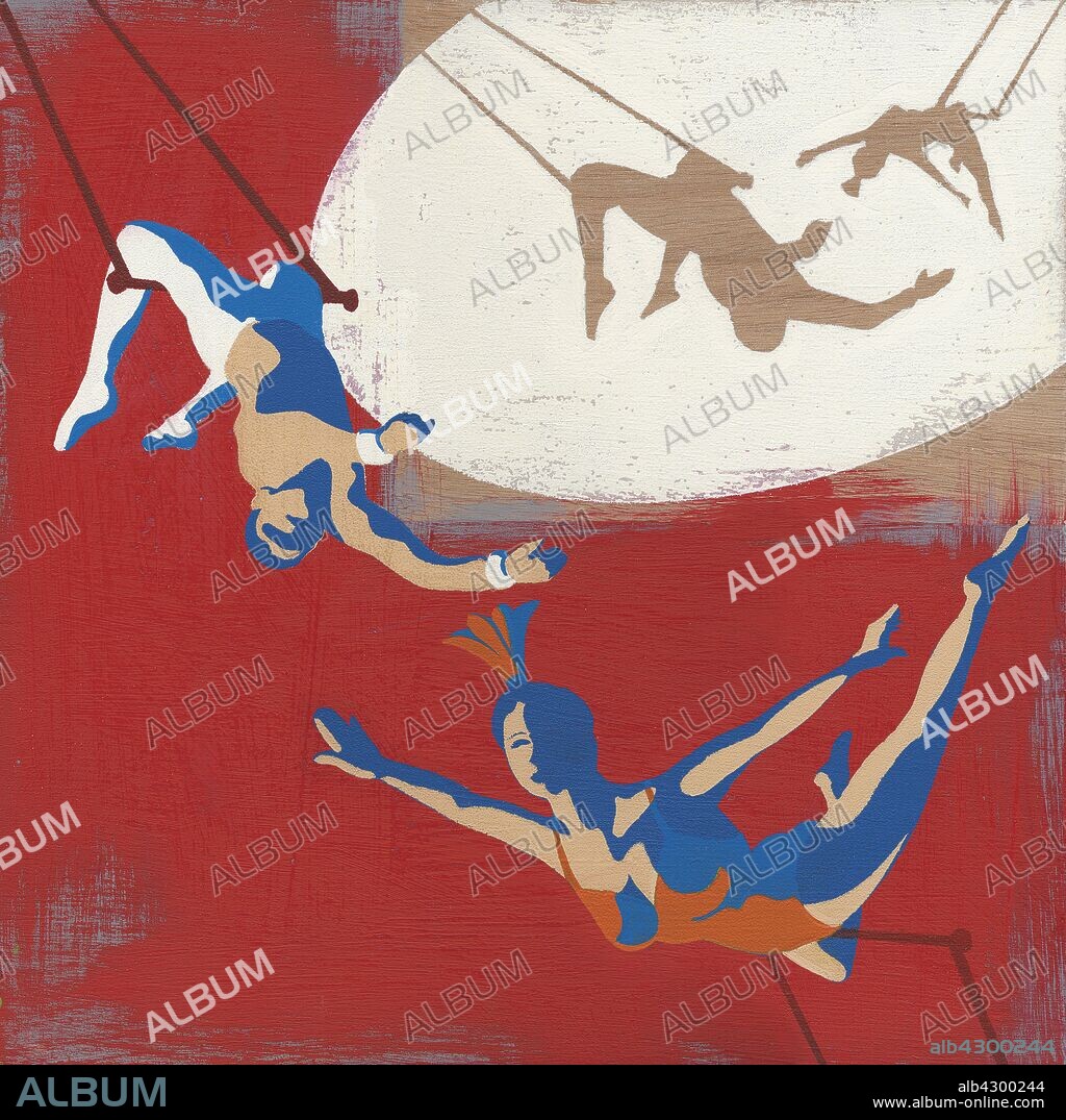 Trapeze artists swinging on trapeze.