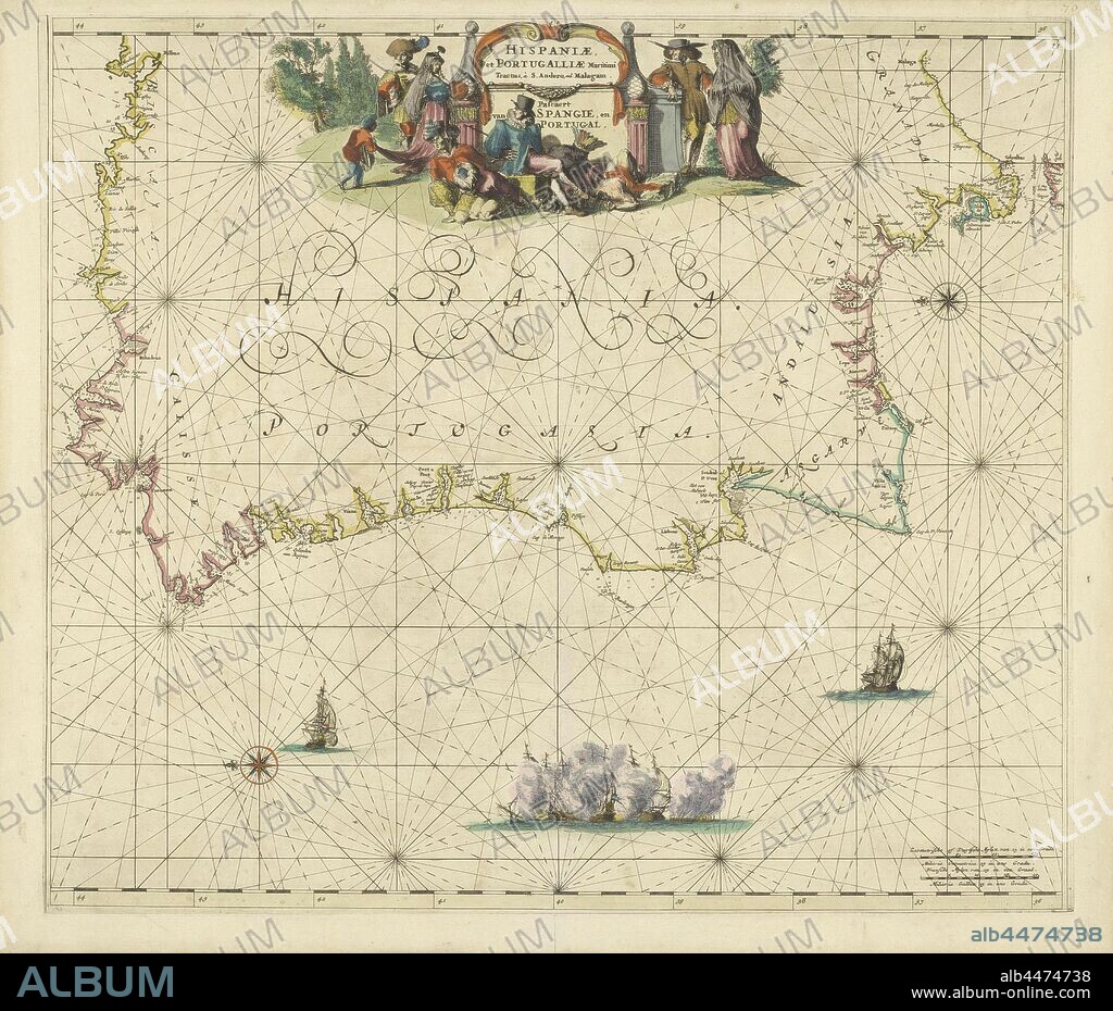Map of the coast of Spain and Portugal, Hispaniae, and Portugalliae Maritimi Tractus ... / Pascaert of Spangie, and Portugal (title on object), Map of the seas around the western part of the Iberian Peninsula with the north left. At the top a cartouche with the title with two elegant pairs on either side. On the left a pair in Dutch clothing, on the right possibly Portuguese Jews. In the center of the foreground a seated Spaniard with three prisoners (Oriental, Arab, Indian) and a decapitated body. At sea a sea battle and two separate ships. Bottom right scales in German and French miles, navy charts, maps of separate countries or regions, Spain, Portugal, Frederik de Wit, 1670 - 1675, paper, engraving, h 499 mm × w 568 mm.